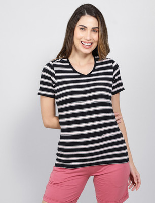 JOCKEY Striped Women Round Neck Black T-Shirt