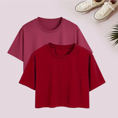 PopShino Solid Women Round Neck Maroon, Pink T-Shirt