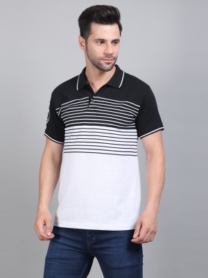 DENIM ART FASHIONS Striped Men Polo Neck Black, White T-Shirt