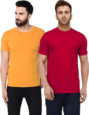 Jingo Solid Men Round Neck Yellow, Red T-Shirt