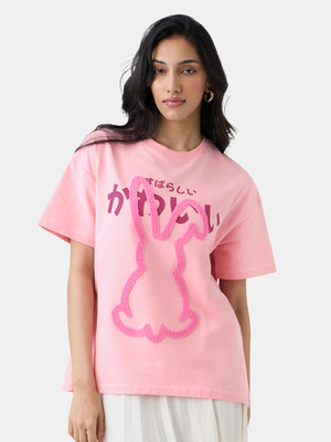 The Souled Store Embroidered Women Round Neck Pink T-Shirt
