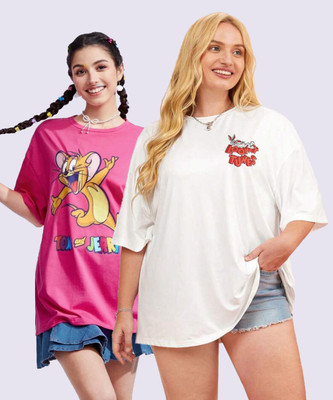 TOM AND JERRY by DreamBe Printed Women Round Neck Pink, White T-Shirt