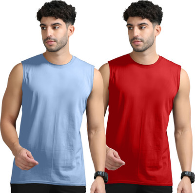 Adorbs Solid Men Round Neck Blue, Red T-Shirt