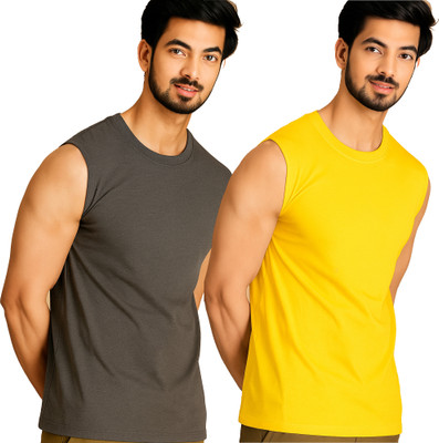 Moordale Solid Men Round Neck Grey, Yellow T-Shirt