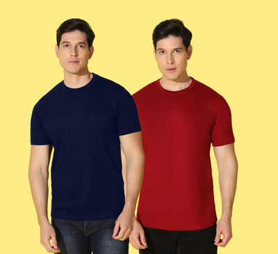 WOOSTRO Solid, Printed Men Round Neck Blue, Maroon T-Shirt