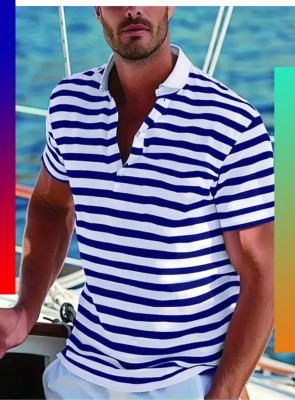 Clasti Striped Men Round Neck Blue T-Shirt