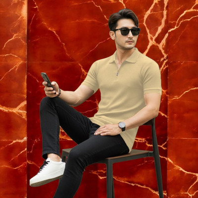 The Stanch Self Design Men Polo Neck Beige T-Shirt