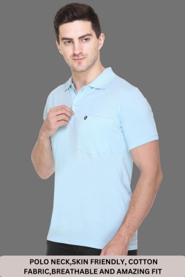 White Moon Solid Men Polo Neck Light Blue T-Shirt