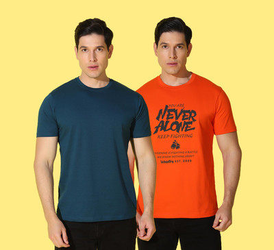 WOOSTRO Printed, Solid Men Round Neck Orange, Blue T-Shirt