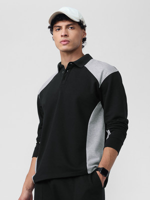The Souled Store Colorblock Men Polo Neck Black T-Shirt