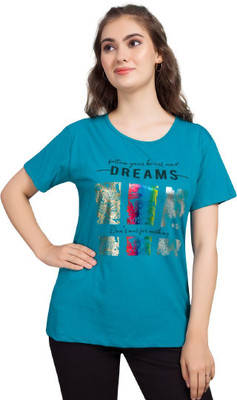 Monisha Plus Printed Women Round Neck Blue T-Shirt