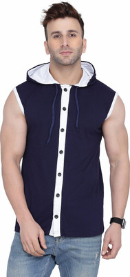 GEUM Colorblock Men Hooded Neck Dark Blue T-Shirt