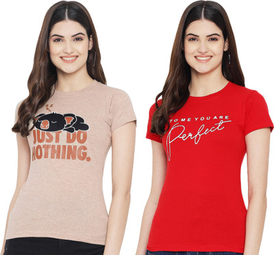 Tromko Printed Women Round Neck Beige, Red T-Shirt