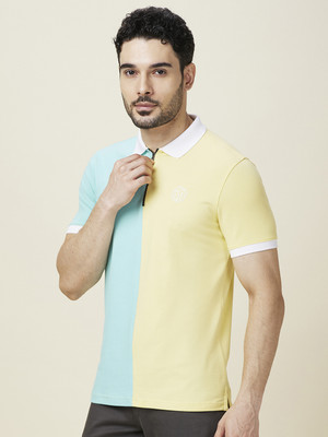 BEING HUMAN Colorblock Men Polo Neck Yellow, Light Blue T-Shirt