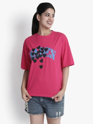 PUTSUM Printed, Typography Women Round Neck Pink T-Shirt