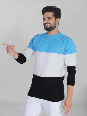 Grownk Self Design Men Round Neck Light Blue T-Shirt