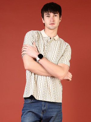 V-MART Printed Men Polo Neck White T-Shirt