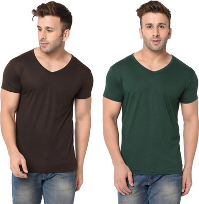 JB Jangoboy Solid Men V Neck Dark Green, Brown T-Shirt