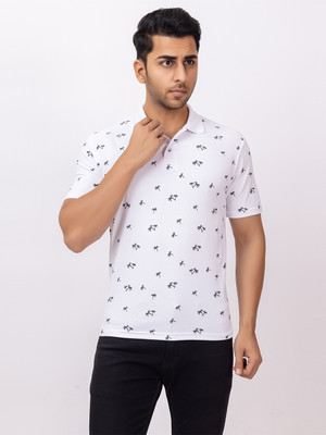 EMERALD Printed Men Polo Neck White T-Shirt