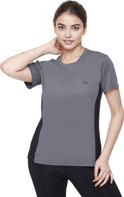 White Moon Colorblock Women Round Neck Grey T-Shirt