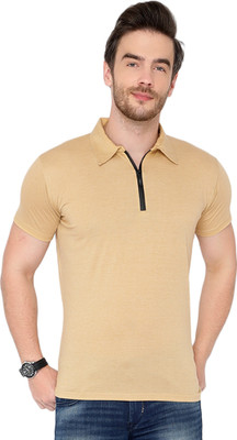 Jangoboy Solid Men Polo Neck Beige T-Shirt