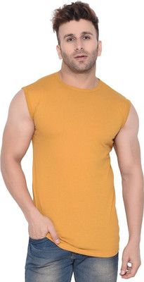 GEUM Solid Men Round Neck Gold T-Shirt