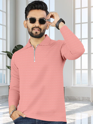 Trend Twist Self Design Men Zip Neck Pink T-Shirt