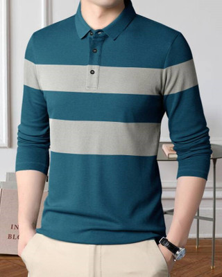 AUSK Colorblock Men Polo Neck Dark Blue, Grey T-Shirt