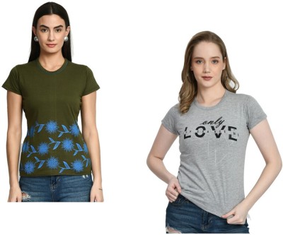 IndiWeaves Printed Women Round Neck Grey, Green T-Shirt