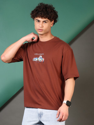 V-MART Self Design Men Round Neck Brown T-Shirt