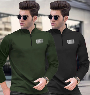 FastColors Printed Men Zip Neck Black, Dark Green T-Shirt