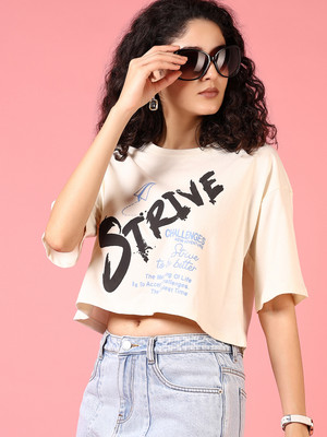 V-MART Printed Women Round Neck White T-Shirt