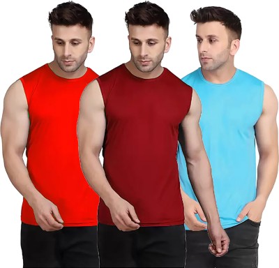 Renowned Solid Men Round Neck Red, Maroon, Light Blue T-Shirt