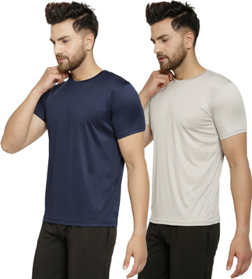 Cruister Solid Men Round Neck Navy Blue, Grey T-Shirt