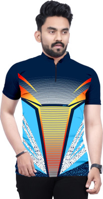 hdee Sporty Men Mandarin Collar Navy Blue T-Shirt