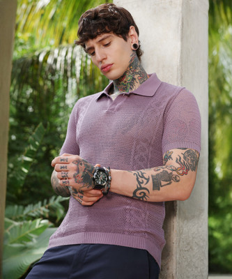CAMPUS SUTRA Self Design Men Polo Neck Purple T-Shirt