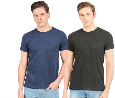 SCOTT INTERNATIONAL Solid Men Round Neck Navy Blue, Silver T-Shirt