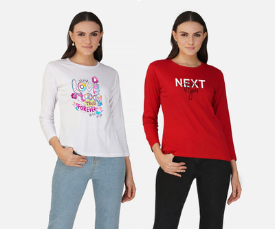 LeeBurg Printed Women Round Neck White, Red T-Shirt