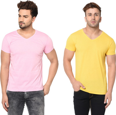 Tresna Trendy Solid Men V Neck Pink, Yellow T-Shirt
