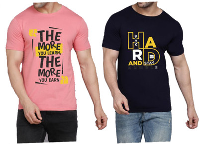 WOOSTRO Printed Men Round Neck Pink, Dark Blue T-Shirt
