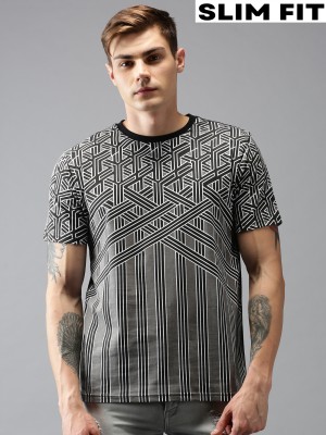 Checks & Squires Striped Men Round Neck Black T-Shirt