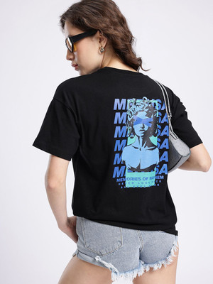 Glitchez Printed Women Round Neck Black T-Shirt