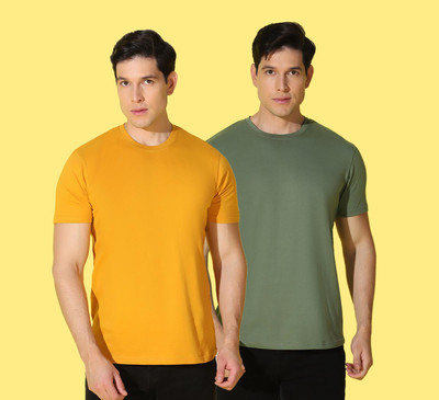 WOOSTRO Solid Men Round Neck Yellow, Green T-Shirt