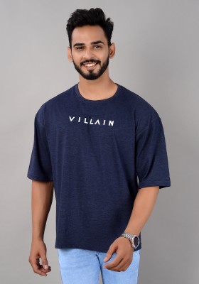 VILLAIN Typography Men Round Neck Blue T-Shirt