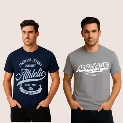 VORTILO Typography Men Round Neck Grey, Navy Blue T-Shirt