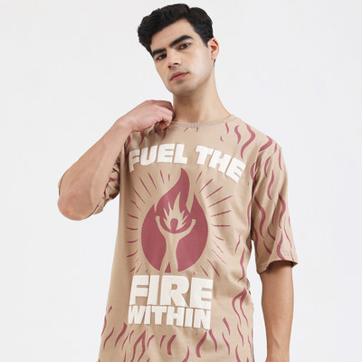 Epivu Graphic Print Men Round Neck Beige T-Shirt
