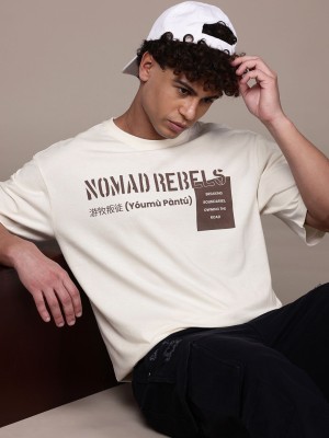 Roadster Printed Men Round Neck Beige T-Shirt