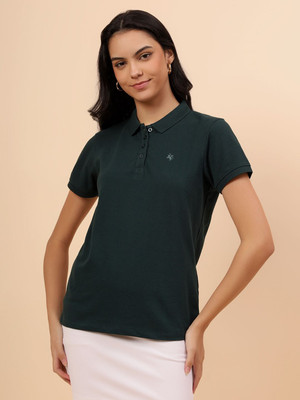 CANTABIL Self Design Women Polo Neck Dark Green T-Shirt