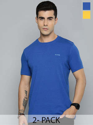 R.Code by The Roadster Life Co. Solid Men Round Neck Blue, Yellow T-Shirt