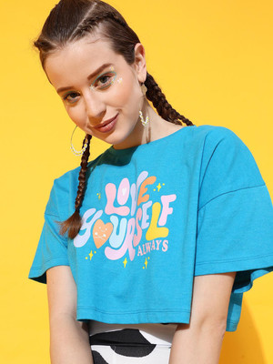 STREET9 Typography Women Round Neck Blue T-Shirt